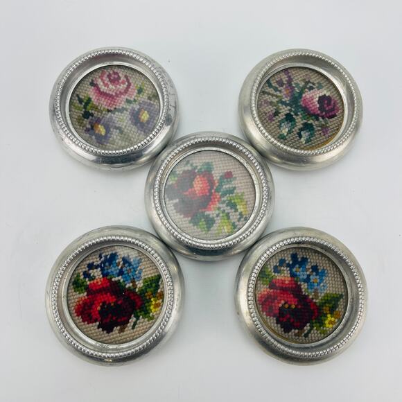 Vintage Aluminum 4” Floral Cross-Stitch Coaster Set of 5 - Picture 1 of 9